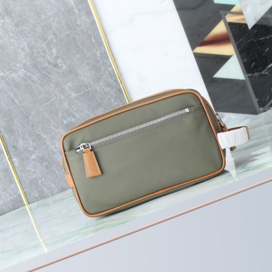 Mirror Quality Replica Prada nylon/saffiano leather travel clutch olive green Knockoff