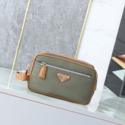 Mirror Quality Replica Prada nylon/saffiano leather travel clutch olive green Knockoff