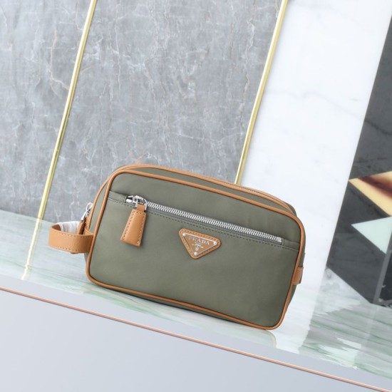 Mirror Quality Replica Prada nylon/saffiano leather travel clutch olive green Knockoff