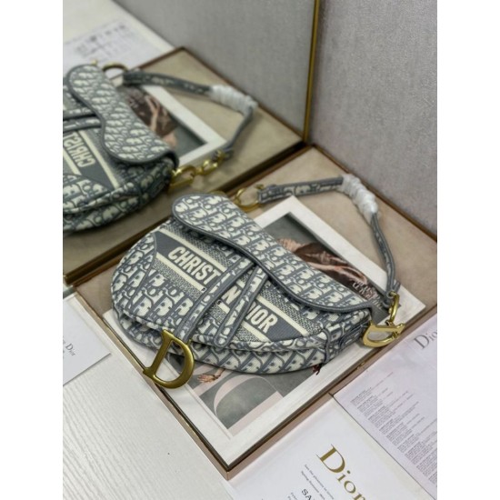 Mirror Quality Replica Dior Saddle Oblique Embroidered Shoulder Bag in Gray Knockoff