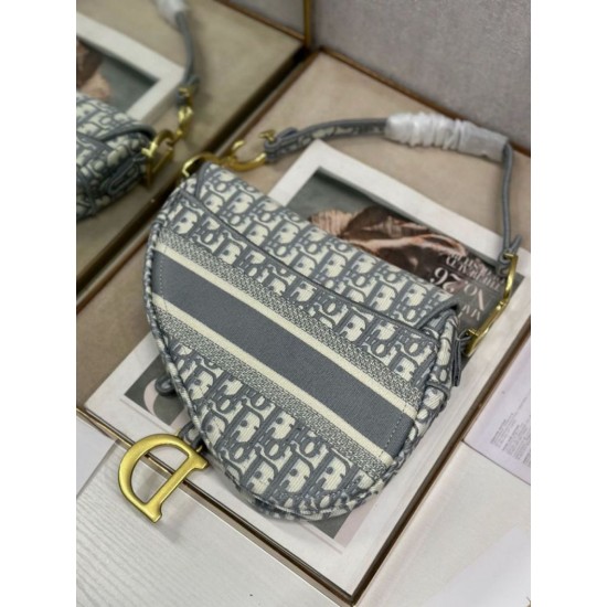 Mirror Quality Replica Dior Saddle Oblique Embroidered Shoulder Bag in Gray Knockoff