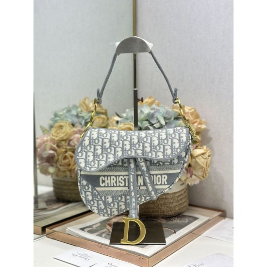 Mirror Quality Replica Dior Saddle Oblique Embroidered Shoulder Bag in Gray Knockoff