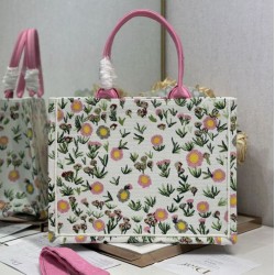 Mirror Quality Replica Dior Multicolored Book Tote Bag with Daisy Garden Embroidery and Pink Handle Knockoff