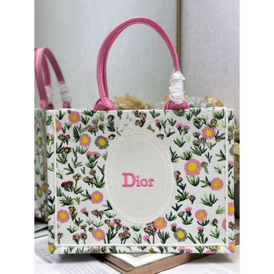 Premium Replica Dior Multicolored Book Tote Bag with Daisy Garden Embroidery and Pink Handle Fake Mirror Quality Replica Dior Multicolored Book Tote Bag with Daisy Garden Embroidery and Pink Handle Knockoff
