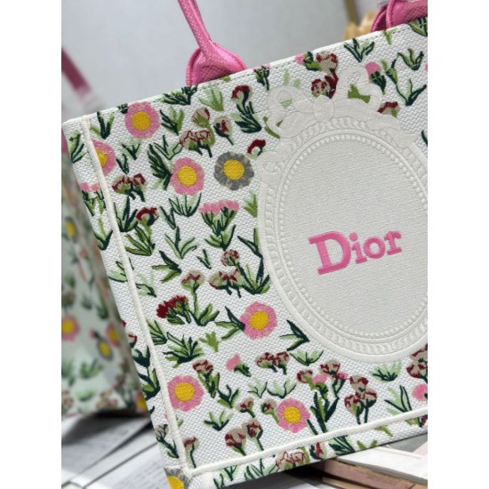 Premium Replica Dior Multicolored Book Tote Bag with Daisy Garden Embroidery and Pink Handle Fake Mirror Quality Replica Dior Multicolored Book Tote Bag with Daisy Garden Embroidery and Pink Handle Knockoff