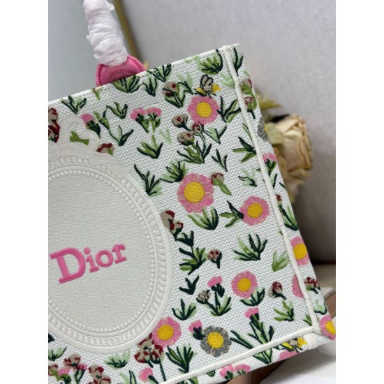 Premium Replica Dior Multicolored Book Tote Bag with Daisy Garden Embroidery and Pink Handle Fake Mirror Quality Replica Dior Multicolored Book Tote Bag with Daisy Garden Embroidery and Pink Handle Knockoff