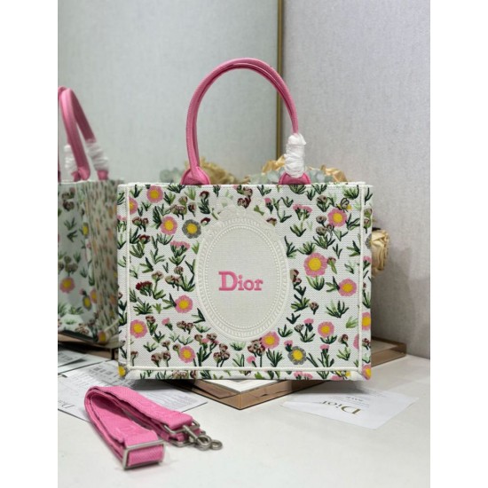 Premium Replica Dior Multicolored Book Tote Bag with Daisy Garden Embroidery and Pink Handle Fake Mirror Quality Replica Dior Multicolored Book Tote Bag with Daisy Garden Embroidery and Pink Handle Knockoff