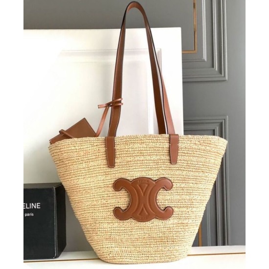Replica Celine Medium Supple Celine Classic Panier Raffia And Calfskin 114342 Coffee