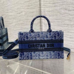 Fake Dior Mini Book Tote with Strap Blue Denim Oblique Jacquard Replica