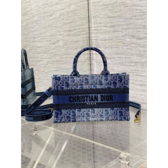 Fake Dior Mini Book Tote with Strap Blue Denim Oblique Jacquard Replica