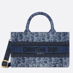 Fake Dior Mini Book Tote with Strap Blue Denim Oblique Jacquard Replica