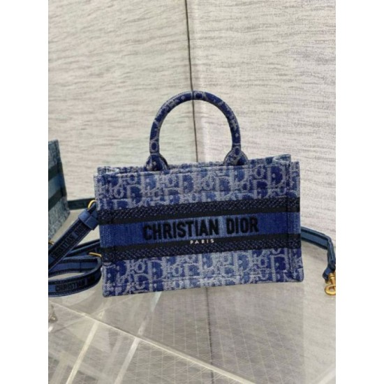 Fake Dior Mini Book Tote with Strap Blue Denim Oblique Jacquard Replica