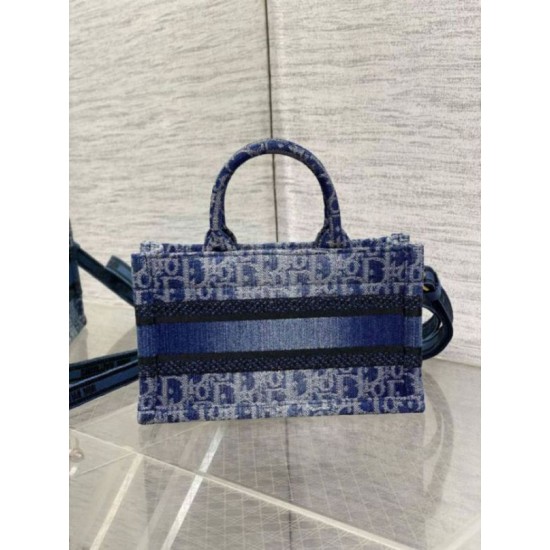 Fake Dior Mini Book Tote with Strap Blue Denim Oblique Jacquard Replica
