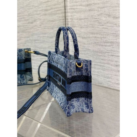 Fake Dior Mini Book Tote with Strap Blue Denim Oblique Jacquard Replica
