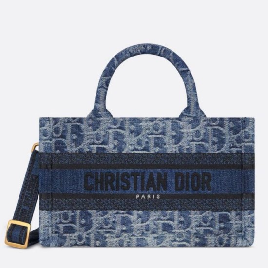 Fake Dior Mini Book Tote with Strap Blue Denim Oblique Jacquard Replica