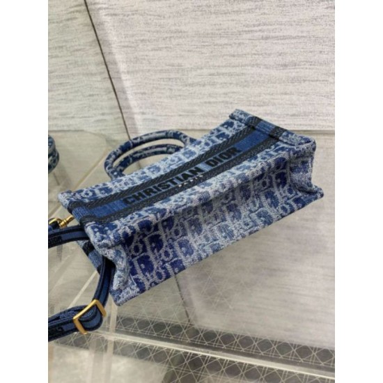 Fake Dior Mini Book Tote with Strap Blue Denim Oblique Jacquard Replica