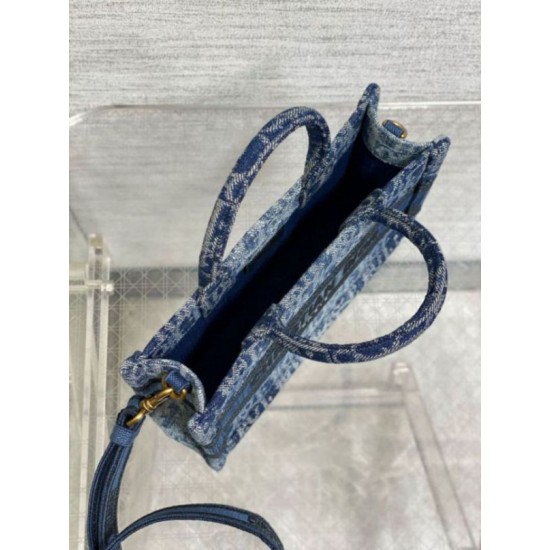 Fake Dior Mini Book Tote with Strap Blue Denim Oblique Jacquard Replica