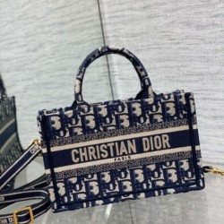 Fake Dior Mini Book Tote with Strap Blue Dior Oblique Embroidery Replica