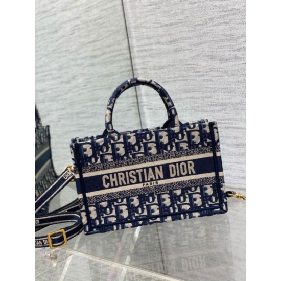 Fake Dior Mini Book Tote with Strap Blue Dior Oblique Embroidery Replica