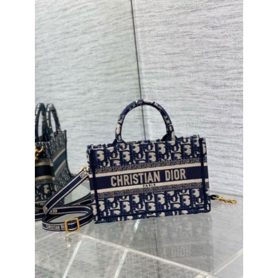 Fake Dior Mini Book Tote with Strap Blue Dior Oblique Embroidery Replica