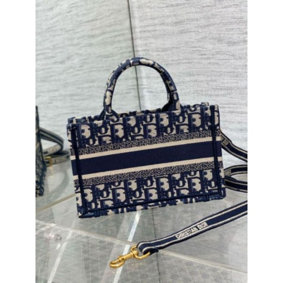 Fake Dior Mini Book Tote with Strap Blue Dior Oblique Embroidery Replica