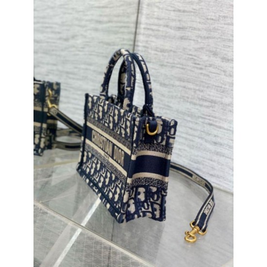 Fake Dior Mini Book Tote with Strap Blue Dior Oblique Embroidery Replica