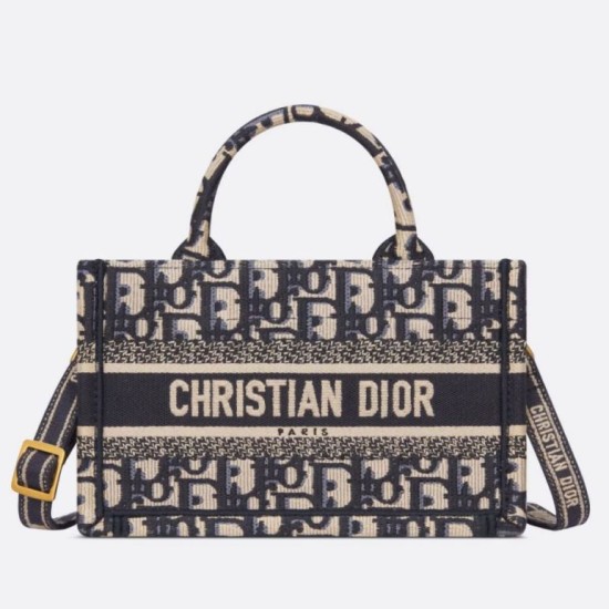 Fake Dior Mini Book Tote with Strap Blue Dior Oblique Embroidery Replica
