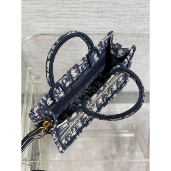 Fake Dior Mini Book Tote with Strap Blue Dior Oblique Embroidery Replica
