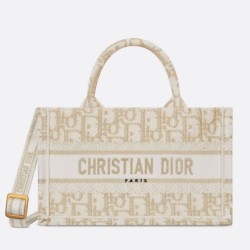 Replica Dior Mini Book Tote with Strap Gold-Tone Dior Oblique Embroidery