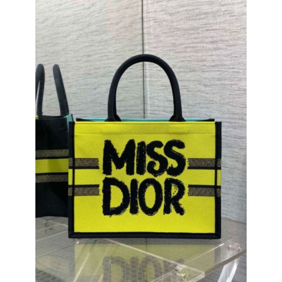Replica Dior Medium Book Tote Bag Yellow and Blue Miss Dior Graffiti Embroidery