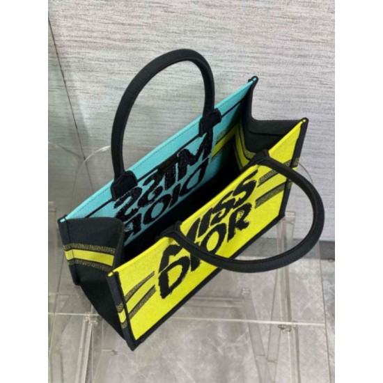 Replica Dior Medium Book Tote Bag Yellow and Blue Miss Dior Graffiti Embroidery
