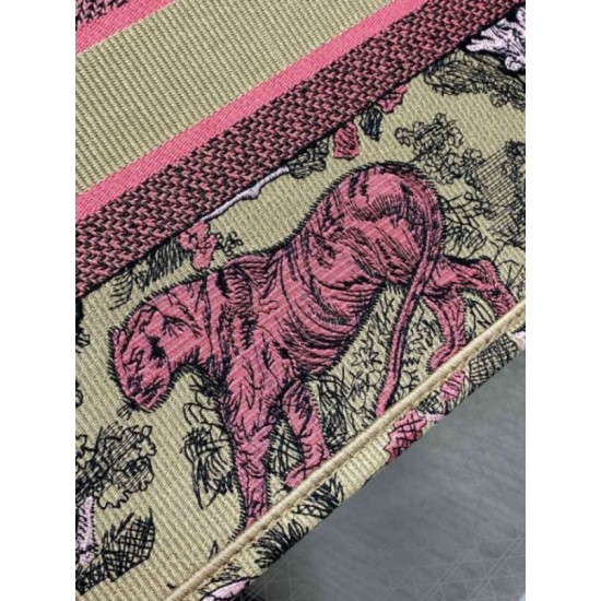 Fake Dior Medium Dioriviera Book Tote Raffia with Pink Toile de Jouy Sauvage Embroidery Replica