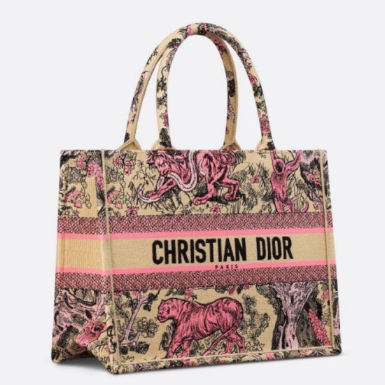 Fake Dior Medium Dioriviera Book Tote Raffia with Pink Toile de Jouy Sauvage Embroidery Replica