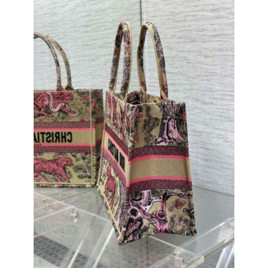 Fake Dior Medium Dioriviera Book Tote Raffia with Pink Toile de Jouy Sauvage Embroidery Replica