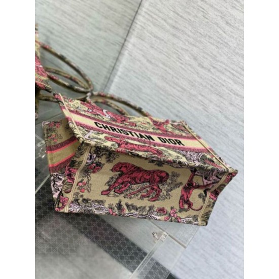 Fake Dior Medium Dioriviera Book Tote Raffia with Pink Toile de Jouy Sauvage Embroidery Replica