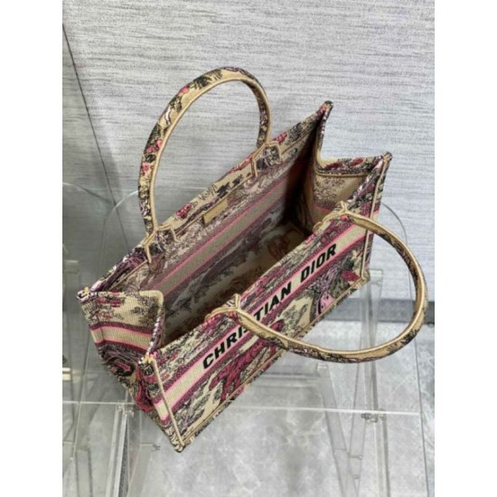 Fake Dior Medium Dioriviera Book Tote Raffia with Pink Toile de Jouy Sauvage Embroidery Replica