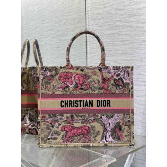 Replica Dior Large Dioriviera Book Tote Raffia with Pink Toile de Jouy Sauvage Embroidery