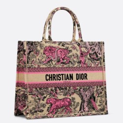 Replica Dior Large Dioriviera Book Tote Raffia with Pink Toile de Jouy Sauvage Embroidery