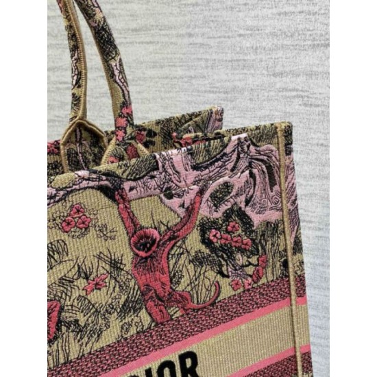 Replica Dior Large Dioriviera Book Tote Raffia with Pink Toile de Jouy Sauvage Embroidery