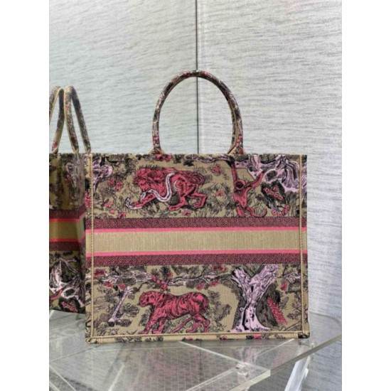 Replica Dior Large Dioriviera Book Tote Raffia with Pink Toile de Jouy Sauvage Embroidery