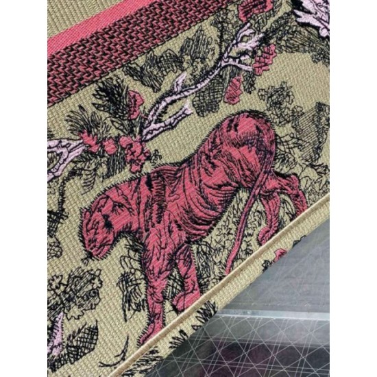 Replica Dior Large Dioriviera Book Tote Raffia with Pink Toile de Jouy Sauvage Embroidery