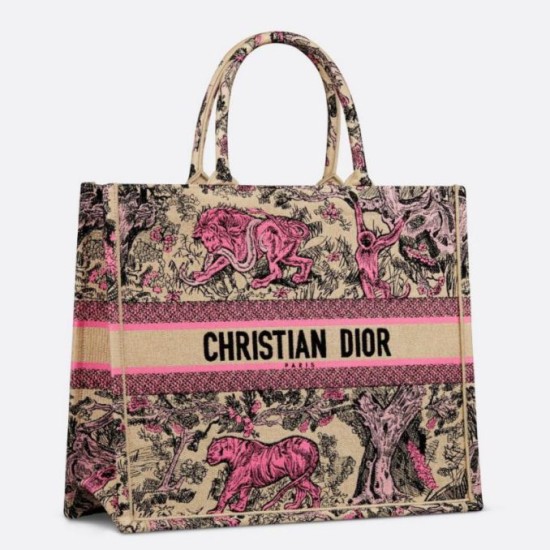 Replica Dior Large Dioriviera Book Tote Raffia with Pink Toile de Jouy Sauvage Embroidery