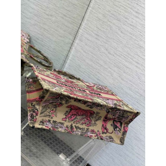 Replica Dior Large Dioriviera Book Tote Raffia with Pink Toile de Jouy Sauvage Embroidery