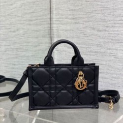 Fake Dior Mini Book Tote Bag with Strap Black Macrocannage Calfskin Replica