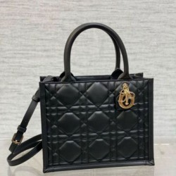 Fake Dior Small Book Tote Bag with Strap Black Macrocannage Calfskin Replica