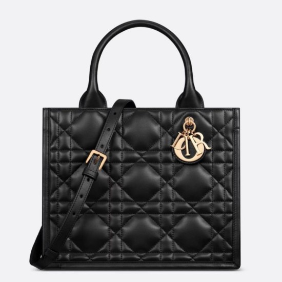 Fake Dior Small Book Tote Bag with Strap Black Macrocannage Calfskin Replica