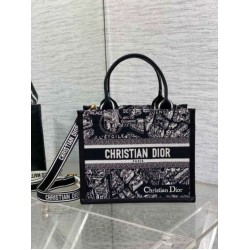 Replica Dior Small Book Tote Bag with Strap Plan de Paris Embroidery and Black Calfskin
