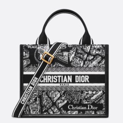 Replica Dior Small Book Tote Bag with Strap Plan de Paris Embroidery and Black Calfskin