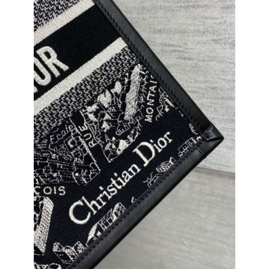 Replica Dior Small Book Tote Bag with Strap Plan de Paris Embroidery and Black Calfskin