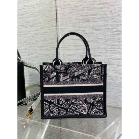 Replica Dior Small Book Tote Bag with Strap Plan de Paris Embroidery and Black Calfskin